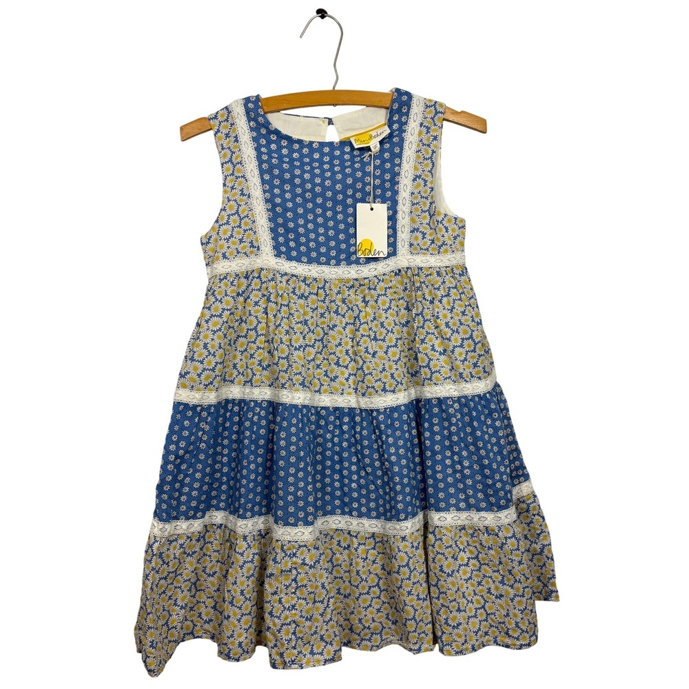Mini Boden Girls Blue Floral Daisy Tiered Lace Trim Cotton Dress 9-10Y NWT